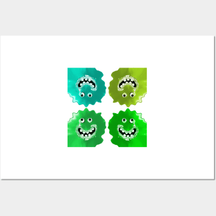 Goofy Green Jelly Monster Emoji Pixel Smiling Face Posters and Art